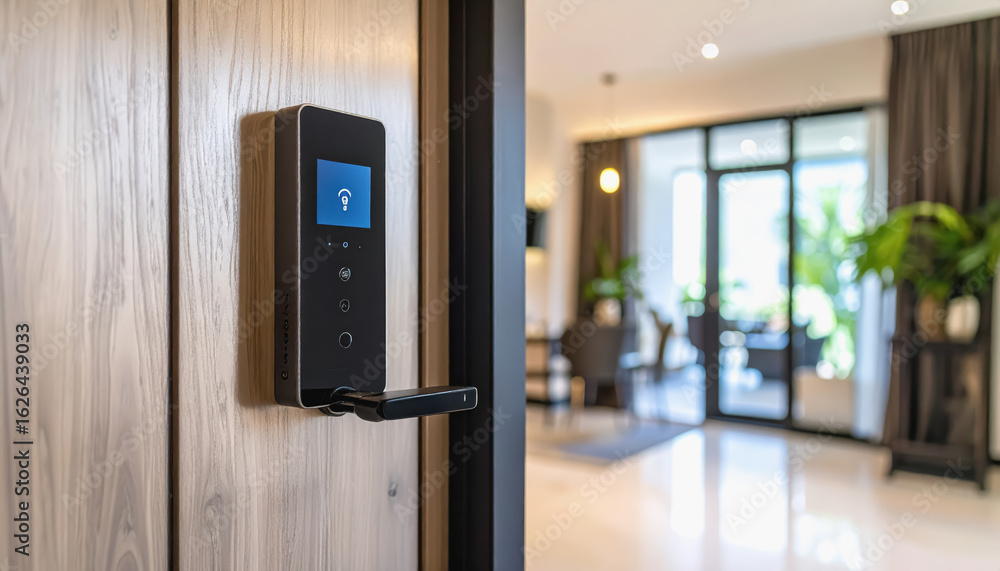 Poster smart door lock device with real-time home access logs and ample copy space for text and branding op