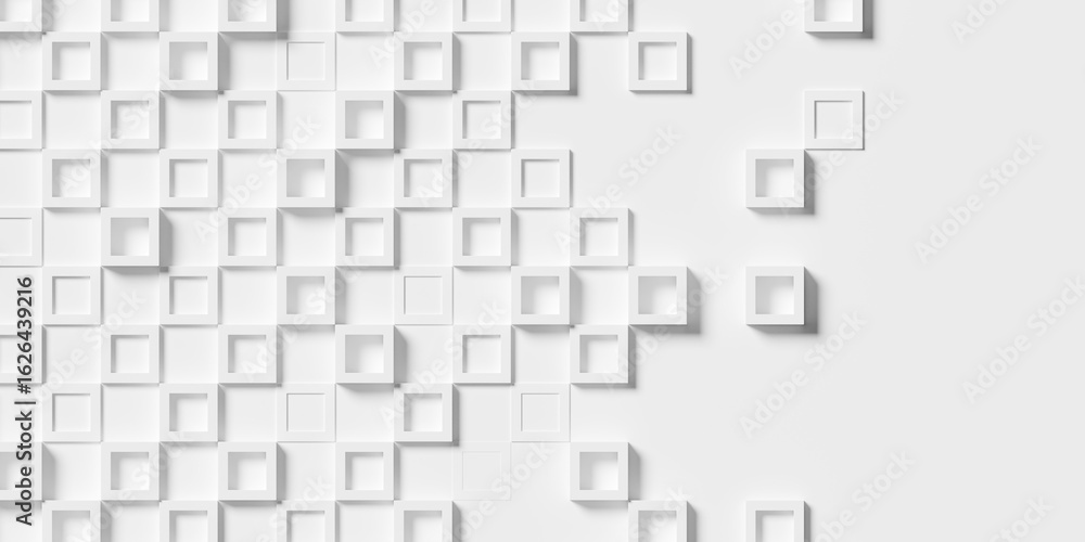 Poster large white square or cube frames with random height geometry background wallpaper banner, fading ou