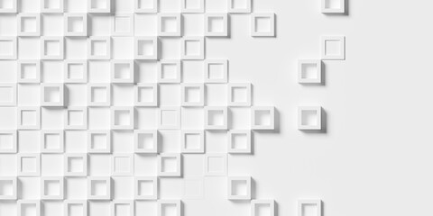 Large white square or cube frames with random height geometry background wallpaper banner, fading out to the right, flat lay top view from above