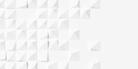 Large white random center polygon boxes or cubes geometry background wallpaper banner fade out with copy space, flat lay top view from above