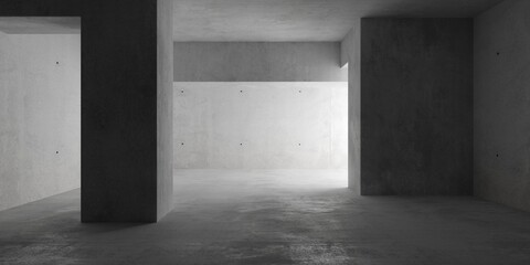 Abstract empty, modern concrete room divided by beams and pillars pillars, indirect light and rough floor - industrial interior background template