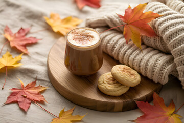 Cozy Autumn Moments: A warm beverage and treats amidst the beauty of fall leaves and cozy knitwear create a scene of autumnal bliss.