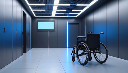 Accessible wheelchair positioned in a spacious hallway for enhanced mobility and smart integration solutions