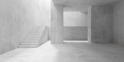 Abstract empty, modern concrete room with two levels, stairs, pillars and rough floor - industrial interior background template
