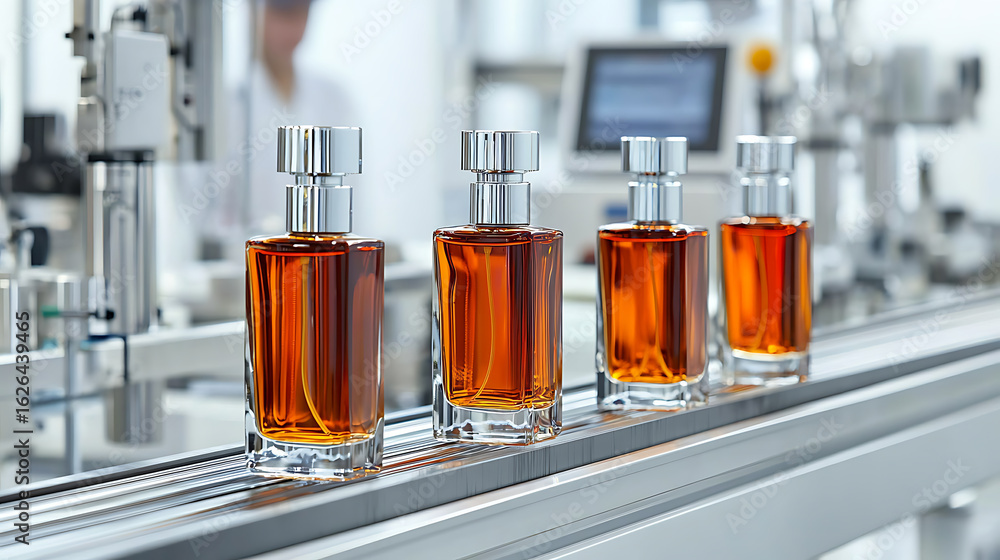 Poster automated fragrance manufacturing: bottles moving along the assembly line. precision and efficiency 