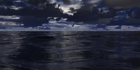 Stormy ocean seascape with dark stormy clouds in the background, selective focus
