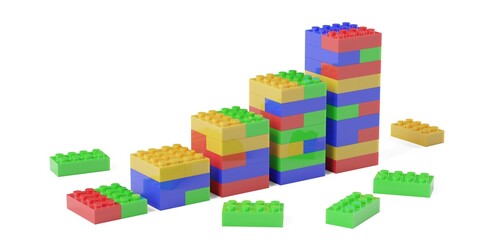 Multi-colored plastic toy bricks rising bar graph with single bricks scattered around on white background, busines success or growth concept