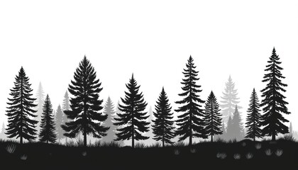 Obraz premium Tranquil forest scene featuring tall trees with gray bark and green needles against light gray sky. Trees scattered throughout landscape in foreground and distance creating depth.