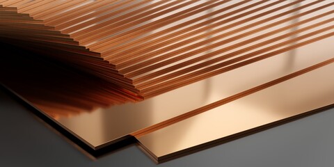 Stack of thick copper plates on dark background, industry or construction materials concept