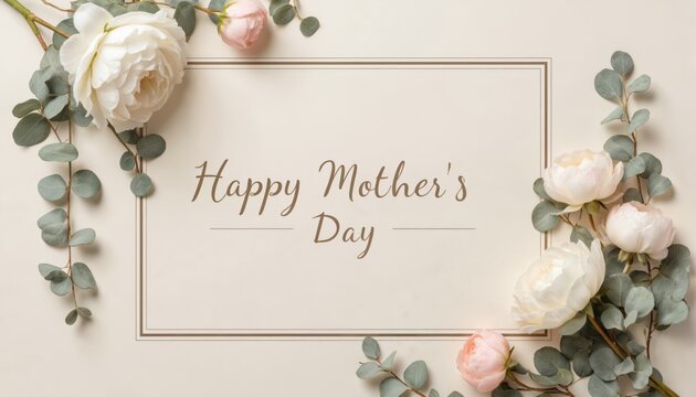 Festive celebration with central square framed in light green. White Happy Mother Day banner, surrounded by white flowers daisies, roses. Gray border frames festive scene with decorative floral