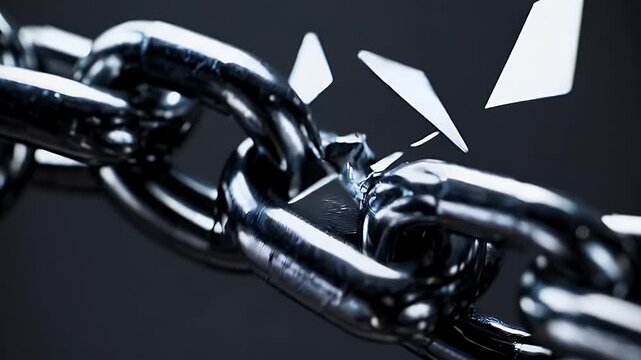 Realistic animation metallic chains shattering all directions symbolizing freedom empowerment breaking limits rendered dynamic ultra HD motivational conceptual video