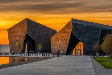 Modern angular black buildings with striking architecture are illuminated by a dramatic orange sunset sky, beside a calm waterfront and minimal landscaping