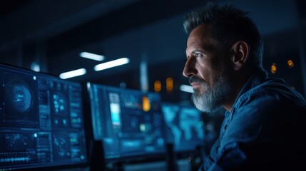 A focused man works at multiple computer screens in a dark, modern control room with blue lighting