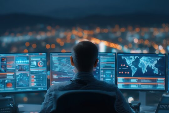 A person monitors multiple digital screens with global data and maps in a modern control center at night, overlooking a cityscape