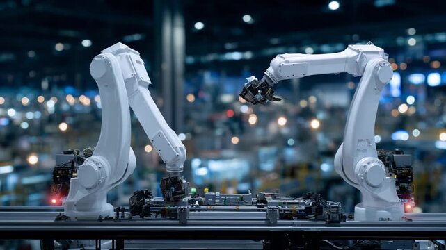Two collaborative robots synchronize movements to assemble machinery in a modern industrial setting, with glowing lights indicating operational status.
