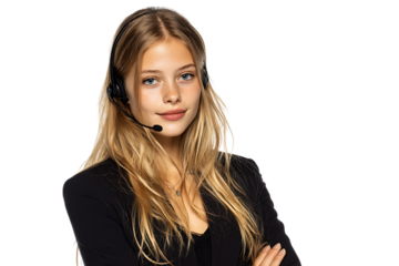 Portrait of a young woman wearing a headset, providing customer support.
