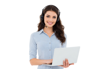 Smiling customer service agent with laptop and headset