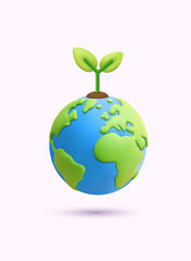 grovePlanet Earth with green sprout growing on top, symbolizing eco-friendly planet. 3D Vector Illustration