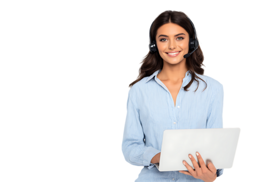 Smiling customer service agent with headset and laptop