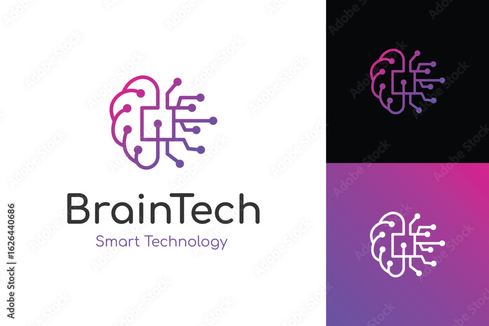 Poster brain circuit logo with digital circuit lines for smart tech and ai network. brain connection logo v