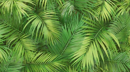 Palm leaves form an intricate pattern against a tropical rainforest background, with lush greenery creating a vibrant, exotic scene that evokes the serene beauty of dense jungle foliage.