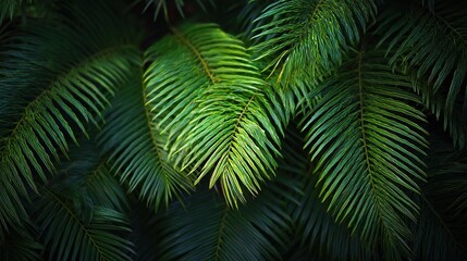 Palm leaves form an intricate pattern against a tropical rainforest background, with lush greenery creating a vibrant, exotic scene that evokes the serene beauty of dense jungle foliage.