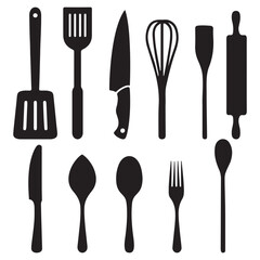 Kitchen Utensils and Cooking Tools Black Silhouette Vector