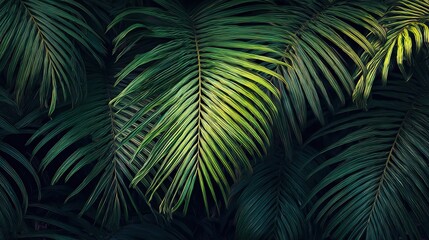 Palm leaves form an intricate pattern against a tropical rainforest background, with lush greenery creating a vibrant, exotic scene that evokes the serene beauty of dense jungle foliage.