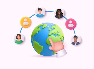Global communication with people connected around the world and pointing hand. 3D Vector Illustration