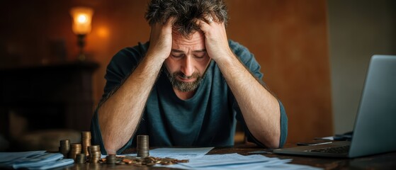 A man sits at a table, visibly stressed, surrounded by paperwork, coins, and a laptop, indicating financial worries or budgeting issues