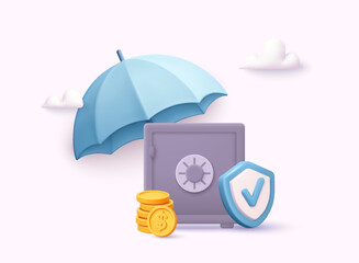 Safe deposit box with coins and shield under umbrella, illustrating financial security. 3D Vector Illustration
