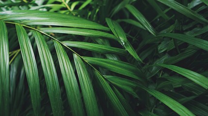 Palm leaves form an intricate pattern against a tropical rainforest background, with lush greenery creating a vibrant, exotic scene that evokes the serene beauty of dense jungle foliage.