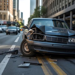 Damaged Car After Accident on City Street