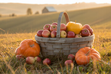 Autumn Harvest Bounty: A rustic basket overflows with ripe apples and pumpkins, a testament to nature's abundance and the season's splendor.