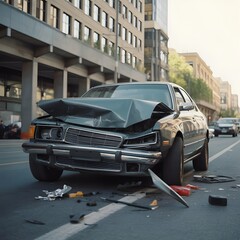 Damaged Car After Accident on City Street
