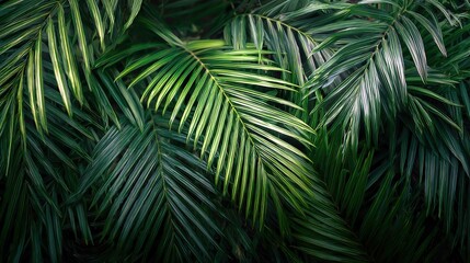 Palm leaves form an intricate pattern against a tropical rainforest background, with lush greenery creating a vibrant, exotic scene that evokes the serene beauty of dense jungle foliage.