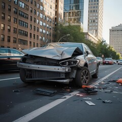Damaged Car After Accident on City Street