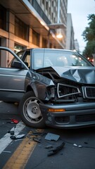 Damaged Car After Accident on City Street