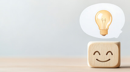 A happy wooden cube with a lightbulb idea. Smiling face suggests positive thinking. The scene represents inspiration and creative concept.