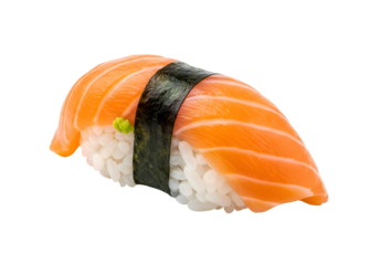 Close-up of a salmon nigiri sushi piece.