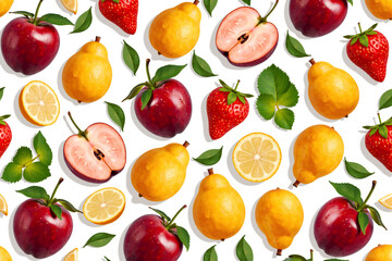 Seamless fruit pattern with fresh red apples, pears, lemons and strawberries creates vibrant and healthy food background for wallpaper or summer design