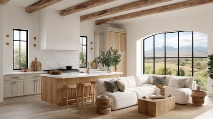 Bright, modern farmhouse kitchen and living room with wood beams, large windows, and scenic mountain views, featuring light neutral decor and cozy seating