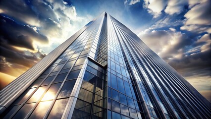 Fototapeta premium Modern Glass Skyscraper Reaching for a Dramatic Sunset Sky