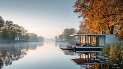 Obraz premium Glass building floating on the lake