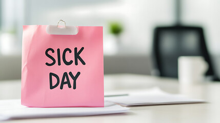 A pink note with "SICK DAY" written on it sits on a desk, indicating absence from work due to illness. Office environment, health-related.