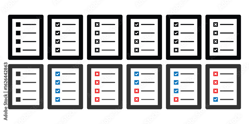 Poster checklist icons set big collection. task, survey, tick mark ui symbols. document icon vector. contai
