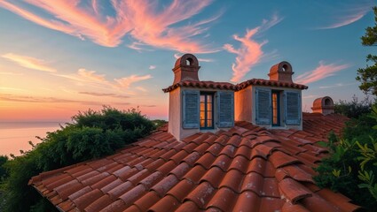 The sun sets over a beautiful house with a red tile roof and colorful sky.