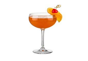 A cocktail garnished with orange slice and cherry in a coupe glass.