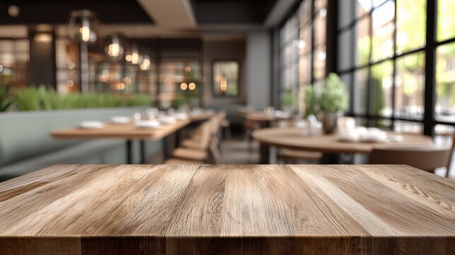 Wooden table in a modern, sunlit restaurant with large windows and cozy seating, perfect for dining and social gatherings