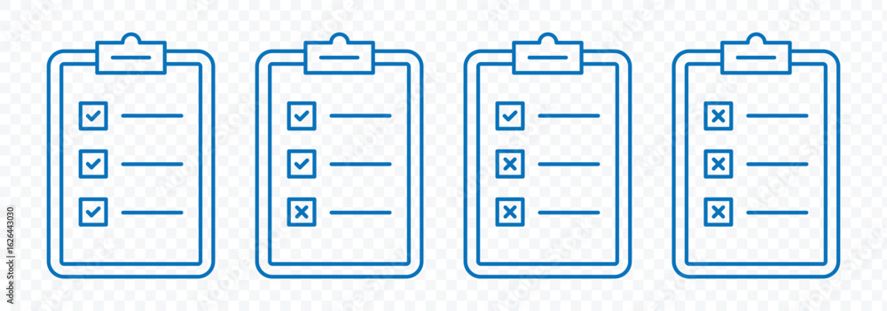 Poster clipboard checklist icon set. blue checklist vector icon. containing clipboard with checkmark, docum